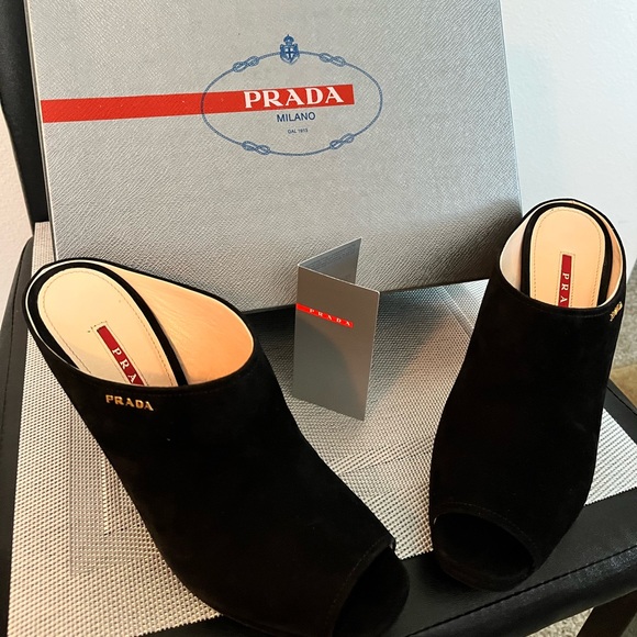 PRADA PRE-LOVED RARE AUTHENTIC BLACK SUEDE WEDGE SLIP ON SANDALS - Picture 15 of 17